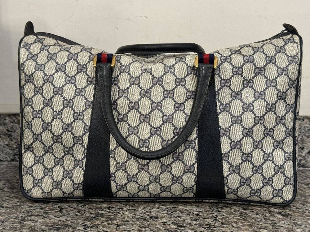 Gucci GG Supreme Vintage Boston Bag Web Stripe Accent Navy - 335049